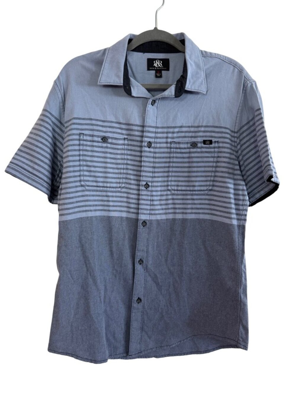 Rock & Republic Mens Blue Striped Short-Sleeve Button-Up Shirt Medium 100% Cotto
